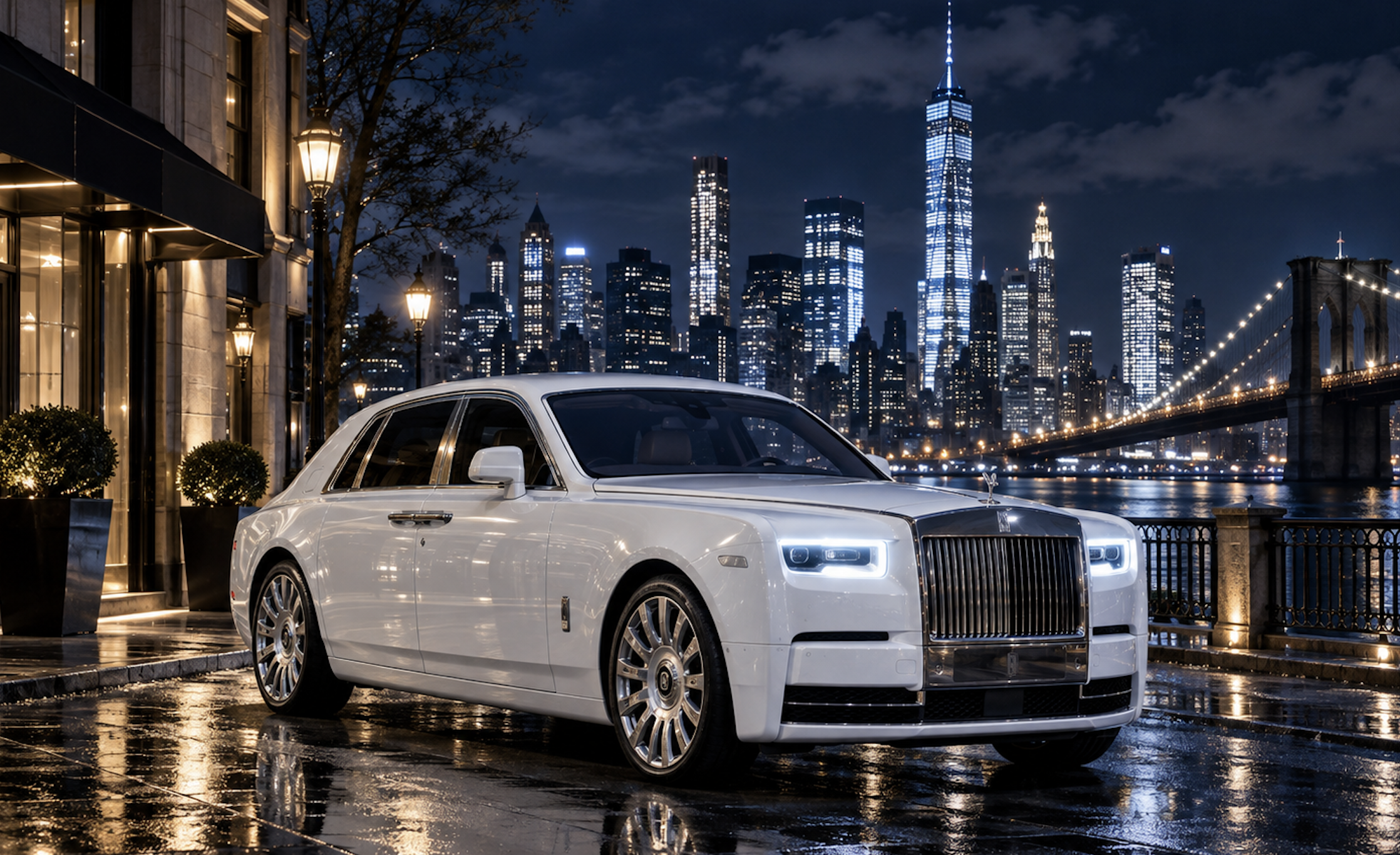 White Rolls-Royce Phantom with New York City nightlife backdrop