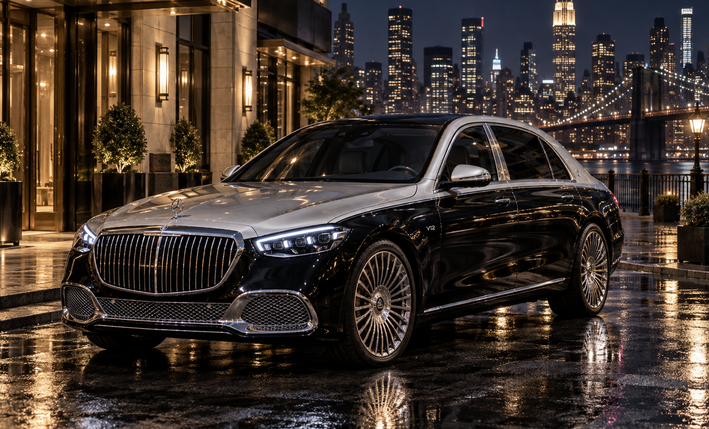 Black and silver Maybach SUV with New York City nightlife backdrop